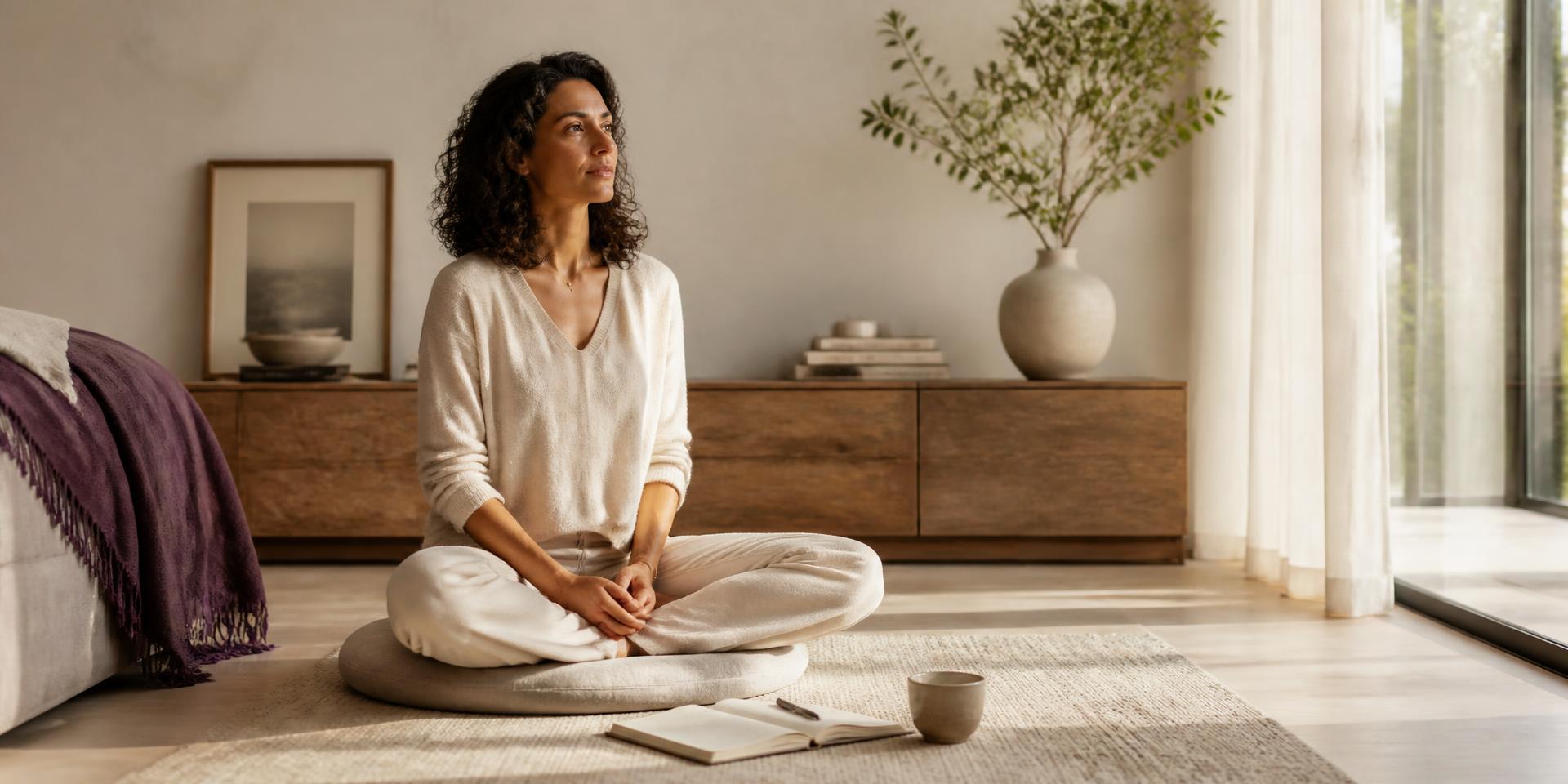 A woman sitting quietly in morning meditation after journaling